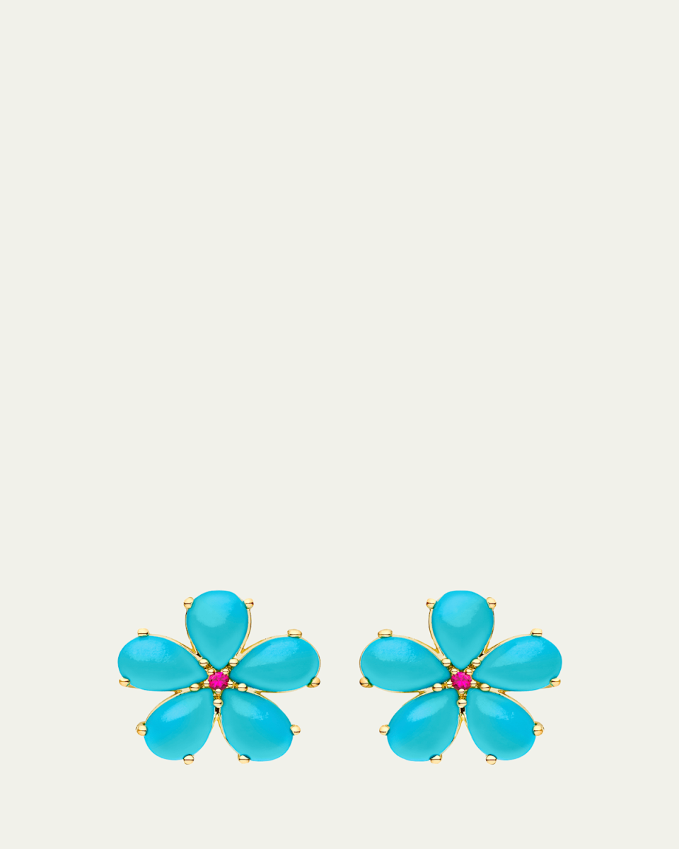 18k Turquoise Ruby Flower Statement Earrings